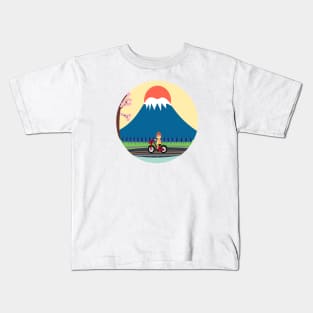 Kawaii Shiba Inu dog riding bicycle near Japanese Mt Fuji Kids T-Shirt